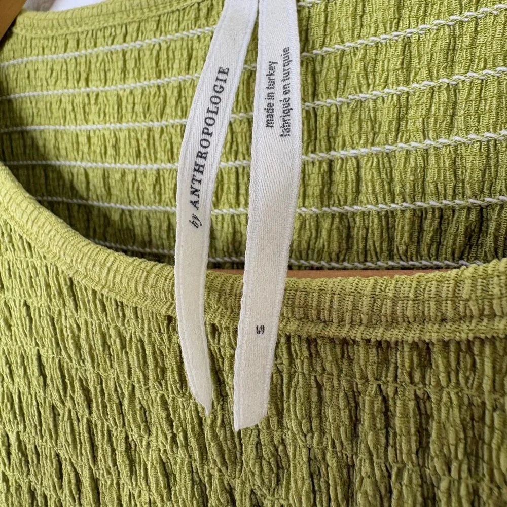 Anthropologie Smocked Puff Sleeve Top Lime Green Chartreuse Textured Blouse M